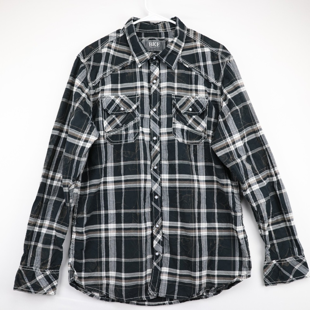 BKE Athletic Fit Long Sleeve Gray Black Plaid Pearl Snap Button Men's Size L